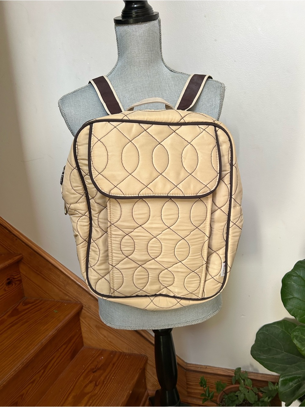 Quilted Beige Backpack with Contrast Trim